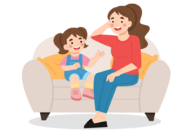 Little girl talking to mother on sofa cartoon illustration png