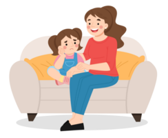 Little girl talking to mother on sofa cartoon illustration png