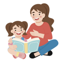 Little girl reading book with mother cartoon illustration png