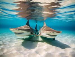 tiburones nadando en cristal claro aguas foto