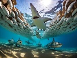 tiburones nadando en cristal claro aguas foto