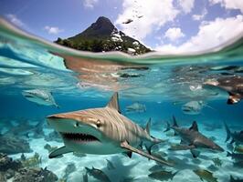 tiburones nadando en cristal claro aguas foto