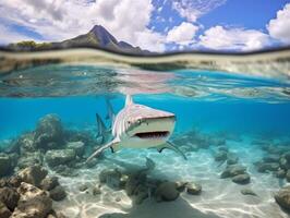 tiburones nadando en cristal claro aguas foto