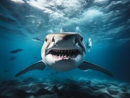 tiburones nadando en cristal claro aguas foto