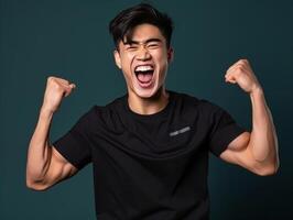 Asian man dressed in sportswear clearly active and full of energy photo