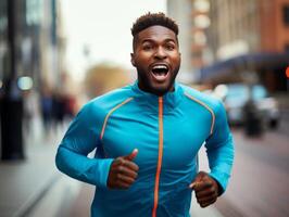 africano hombre vestido en ropa de deporte claramente activo y lleno de energía foto