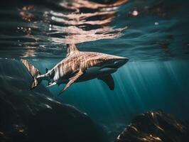 tiburones nadando en cristal claro aguas foto