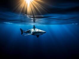 tiburones nadando en cristal claro aguas foto