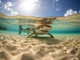 tiburones nadando en cristal claro aguas foto