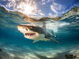 tiburones nadando en cristal claro aguas foto