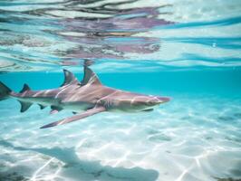 tiburones nadando en cristal claro aguas foto