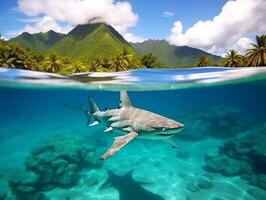 tiburones nadando en cristal claro aguas foto