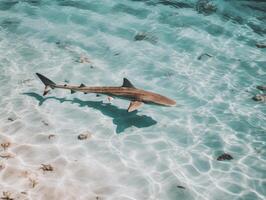 tiburones nadando en cristal claro aguas foto