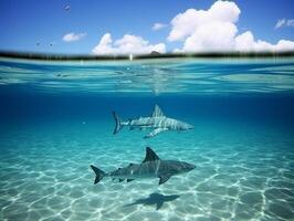 tiburones nadando en cristal claro aguas foto