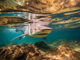 tiburones nadando en cristal claro aguas foto