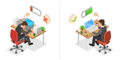 3D Isometric Flat Conceptual Illustration of Healthy Vs Burnout Employee png