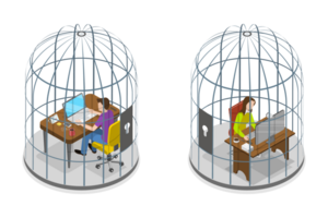 3d isometrisch eben konzeptionelle Illustration von Mann und Frau im Vogelkäfig png