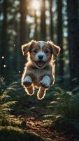 Playful puppy in midair joyfully leaping through the lush greenery of the forest photo