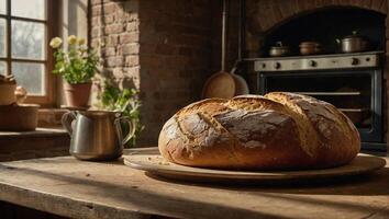 Homemade fresh bread with crispy golden crust neatly arranged on a rustic wooden table photo