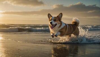 energético corgi corriendo a lo largo el arenoso costas de el Oceano playa durante el puesta de sol foto