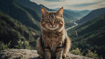 Cat stands proudly at the edge of a mountain with a breathtaking view stretching out behind it photo