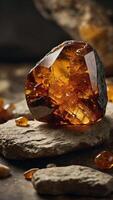 Realistic depiction of a stunning amber stone showcases intricate inclusions trapping a moment of prehistoric times frozen in its core photo