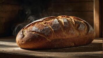 Homemade fresh bread with crispy golden crust neatly arranged on a rustic wooden table photo