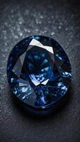 Sapphire stone with deep blue color perfectly cut with many facets that reflect light in different directions photo