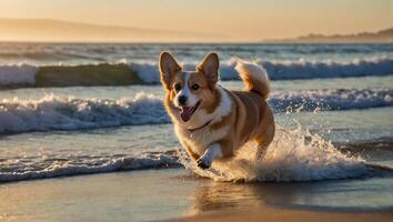 energético corgi corriendo a lo largo el arenoso costas de el Oceano playa durante el puesta de sol foto