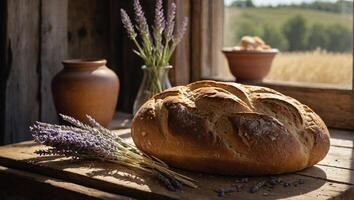 Homemade fresh bread with crispy golden crust neatly arranged on a rustic wooden table with several golden ears of wheat and fresh lavender photo