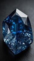 Sapphire stone with deep blue color perfectly cut with many facets that reflect light in different directions photo
