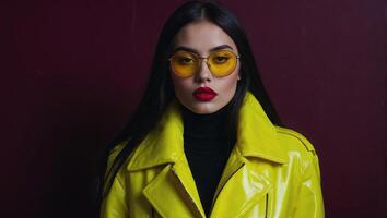 Studio shot of young woman with long straight dark hair wearing glasses with unique yellow tinted lenses photo