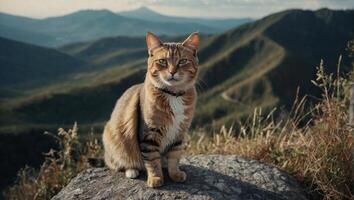 Cat stands proudly at the edge of a mountain with a breathtaking view stretching out behind it photo