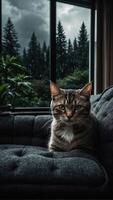 escena con calma gato salones cómodamente en el negro sofá y panorámico ventana con un bosque en el antecedentes foto