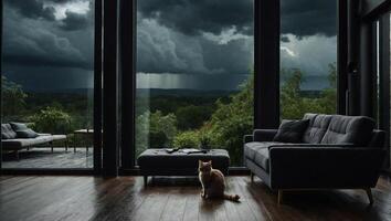 Modern interior with floor-to-ceiling windows showcasing a panoramic view of dark storm clouds photo