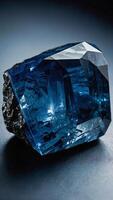 Sapphire stone with deep blue color perfectly cut with many facets that reflect light in different directions photo