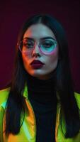 Studio shot of young woman with long straight dark hair wearing glasses and bright yellow jacket photo