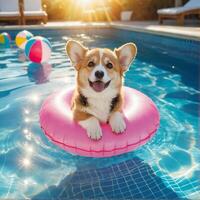 Playful Corgi dog floating on inflatable pink ring in blue pool photo