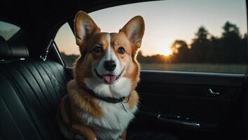 Playful corgi sitting comfortably in the backseat of a shiny black car photo