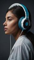 Beautiful young woman with big headphones listing to music photo