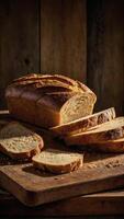 Homemade fresh bread with crispy golden crust neatly arranged on a rustic wooden table photo