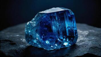 Sapphire stone with deep blue color perfectly cut with many facets that reflect light in different directions photo