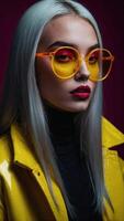 Studio shot of young woman with long light dark hair wearing glasses with unique yellow tinted lenses photo