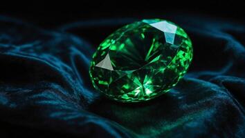 Emerald stone radiating green light that illuminates the surrounding space, polished to a high sheen with facets meticulously cut, gleaming under a soft light photo