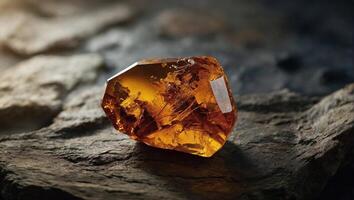 Realistic depiction of a stunning amber stone showcases intricate inclusions trapping a moment of prehistoric times frozen in its core photo