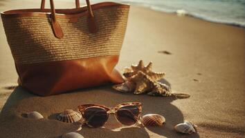 Close up view of beach accessories at the seaside summer time vacation photo