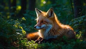 Close up view of a young fox nestled amongst the undergrowth of a serene forest photo