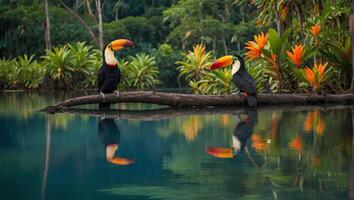 Pair of colorful toucan birds on tree trunk near blue lake surrounded with lush tropical rainforest photo