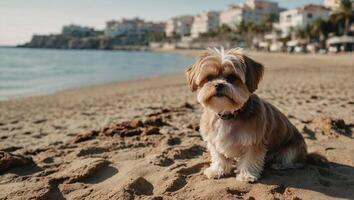 Cute little Maltese dog with soft brown fur on the summer beach with houses on the background photo