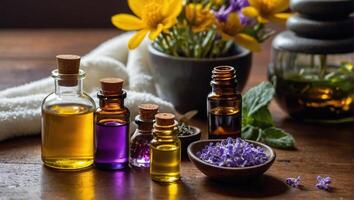 Essential oil bottles on a wooden table surrounded with varieties of spa herbs, including lavender, chamomile, eucalyptus photo